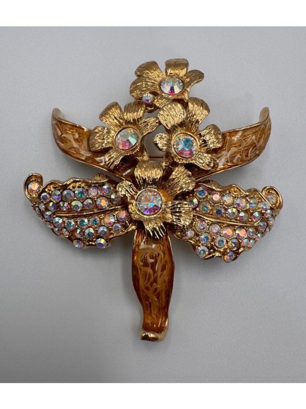 Vintage St John Brooch AB Rhinestone Enamel Floral Orchid Gold Tone Pin